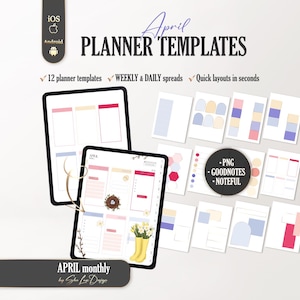 April 2026 Digital Planner Templates, Spring Background Stickers PNG, Daily Weekly Layout Inserts, Easter GoodNotes Noteful template