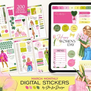 March 2025 digital planner stickers, Goodnotes sticker book for iPad, Spring digital scrapbooking, March flowers PNG Precropped sticker pack