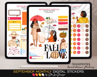 September Digital Stickers for Goodnotes, Black girl Digital planner, Hello Fall stickers, Autumn PNG Black woman, September monthly sticker