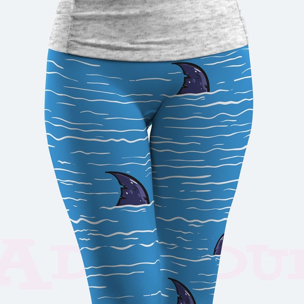 Celestial Blue Shark Leggings, Sea Beach Blue ~Women Kids Casual Activewear, Stretch Tight Pants, Flattering Leggings for Women Children S13