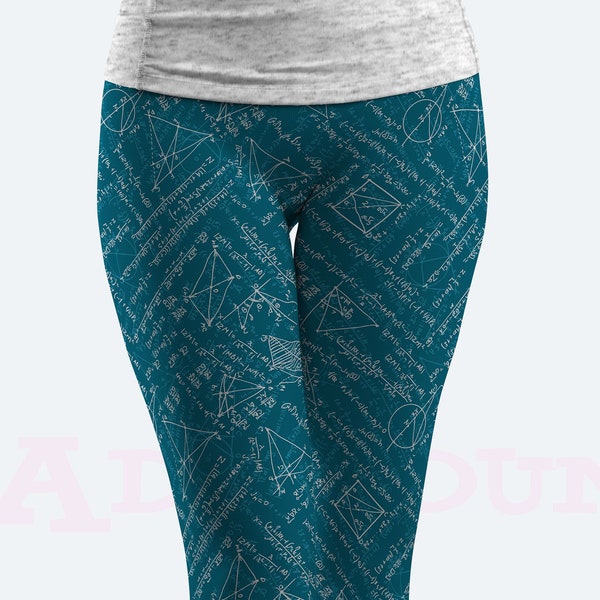 Deep Sea Blue Equations Leggings, Students Yoga Casual Activewear, Campus Everday Leggings for Women Kids, Maths Tights for Her S04