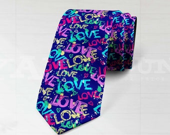 Love Love Love Graffiti Krawatte, Royal Türkis Magenta Urban Krawatte, reizendes Geschenk für Männer, Ehemänner, Papa, Sohn, Vatertagsgeschenke S07