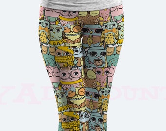 Süße Eulen-Muster-Leggings, Eulen-Druck, Yoga, lässige Aktivkleidung, bunte Cartoon-Eulen-Liebhaber-Leggings für Frauen und Kinder S02