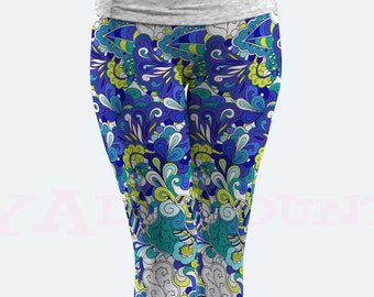 Leggings con ornamenti in zaffiro profondo, abbigliamento sportivo casual blu terra con motivo indiano, leggings elasticizzati vintage per arti orientali per donne bambini S06