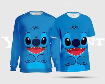 Einzigartige Stitch Unisex-T-Shirts, Stitch & Scrump Lover All-Over-Print-Sweatshirt, großes Stitch Face Blue AOP T-Shirt S06