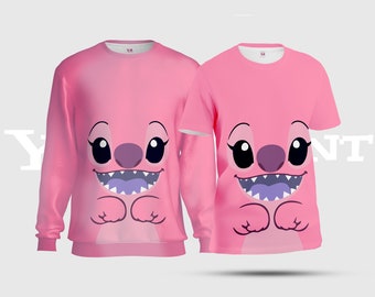 Süße Pink Angel Unisex-T-Shirts, Disney Lilo & Stitch All-Over-Print-Sweatshirt, Pink Rose Excited Angel AOP T-Shirt S09