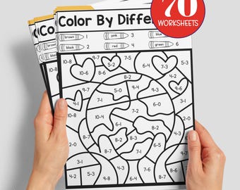 70 feuilles d&#39;exercices de maths à colorier, calcul par somme, couleur par différence, s&#39;entraîner à compter la vitesse, devoirs d&#39;addition, feuille d&#39;exercices de maths