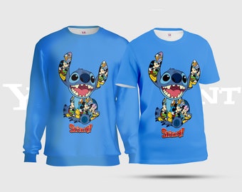 Micky Maus Stitch Unisex T-Shirts, Disney Universe Stitch All-Over-Print Sweatshirt, Celestial Blue Stitch Minnie Mouse AOP T-Shirt S12