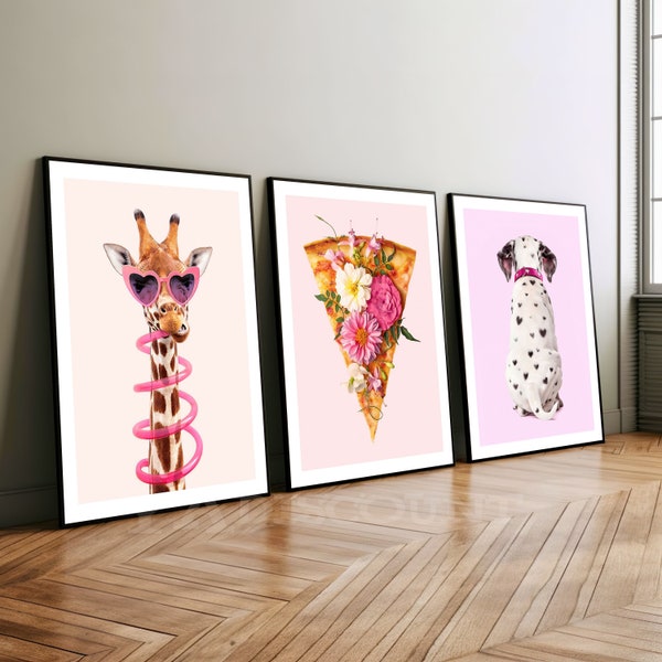 Creative Animals Wall Print - INSTANT DOWNLOAD - Thirsty Giraffe, Floral Pizza, Fun Cat - Room Hallway Decor Wall Art - Set of 3 Prints