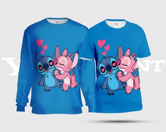 T-shirts unisexes Stitch and Angel in Love, sweat-shirt imprimé Stitch & Angel Lover, t-shirt AOP Stitch et Angel bleu lierre S05