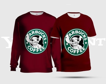 Stitch Starbucks Coffee Unisex T-Shirts, Claret Coffee Lover Stitch All-Over-Print Sweatshirt, Rosewood Caffine Addict Stitch AOP T-Shirt S10