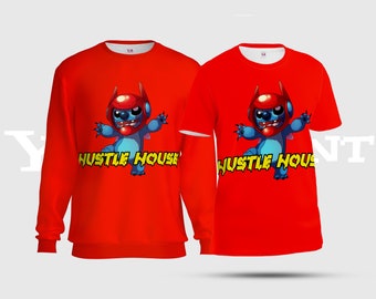 T-shirts unisexes Hustle House Stitch, sweat-shirt rouge Crazy Stitch entièrement imprimé, t-shirt rouge confortable AOP S13