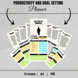 May include: A 13-page printable PDF planner with a black and white silhouette of a person on the cover. The planner is titled "Productivity and Goal Setting Planner" and includes pages for fitness, habit tracking, and goal setting.