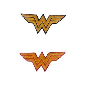 May include: Two embroidered Wonder Woman logos. The top logo is black with gold stitching. The bottom logo is red with gold stitching.