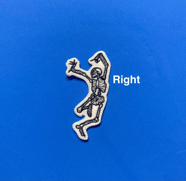 May include: White embroidered patch of a skeleton with arms raised, on a blue background. The word "Right" is written in black text below the skeleton.