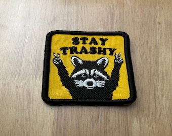 Raccoon Embroidered Iron-On Patch: 'Stay Trashy' Design