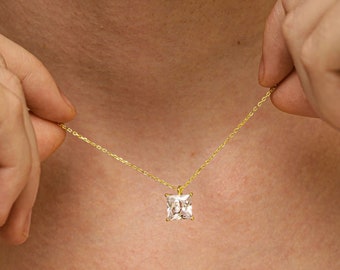 Collier en or 14 carats et diamants carrés, collier en argent sterling 925, collier diamant délicat, collier en or, collier minimaliste, cadeaux pour elle