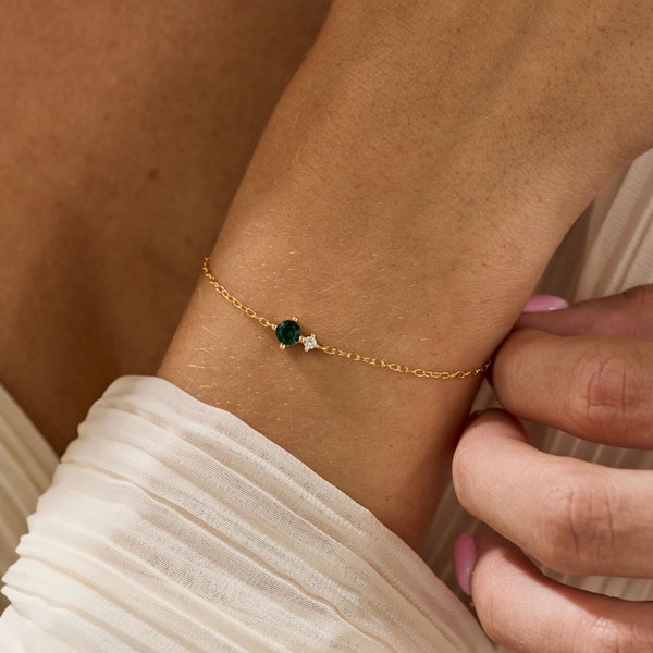 Pearl Diamond Green Emerald Bracelet,14K Gold Plated 925 Sterling Silver Bracelet, Dainty Stone Bracelet, Gifts For Her, Christmas Gifts