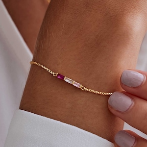 Personalised Multiple Baguette Birthstone Bracelet, 18k Gold Dainty Bracelet, Anniversary Gift, Fmaily Gift for Her,Mothers DayGift for Mom
