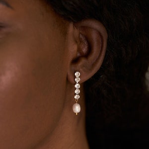 Pearl & Diamond Drop Earrings, Diamond Bar Stud Earrings, Real Freshwater Pearl Drop Earrings, Bridal Earrings, Christmas Gift For Her image 2