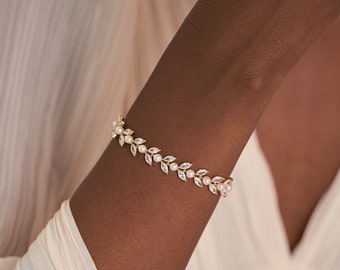 Bruidsarmband met diamanten en parels, CZ Leaf Pearl Bracelet, Bruidsarmband, Bruiloft Sieraden, Bruidsmeisje Cadeau, Verjaardagscadeau voor haar