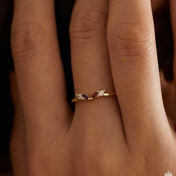 18k Gold Custom Marquise Birthstone Ring, Dainty Ring, Famliy Gift, Minimalist Ring, Anniversary Gift, Gift for Mom,Mothers DayGift for Her