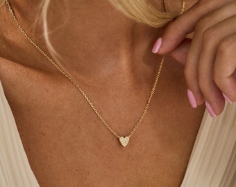 14k Small Diamond Heart Necklace,Sterling Silver Heart Necklace,Minimalist Heart Necklace,Heart Pave Diamond Necklace,Christmas Gift for her