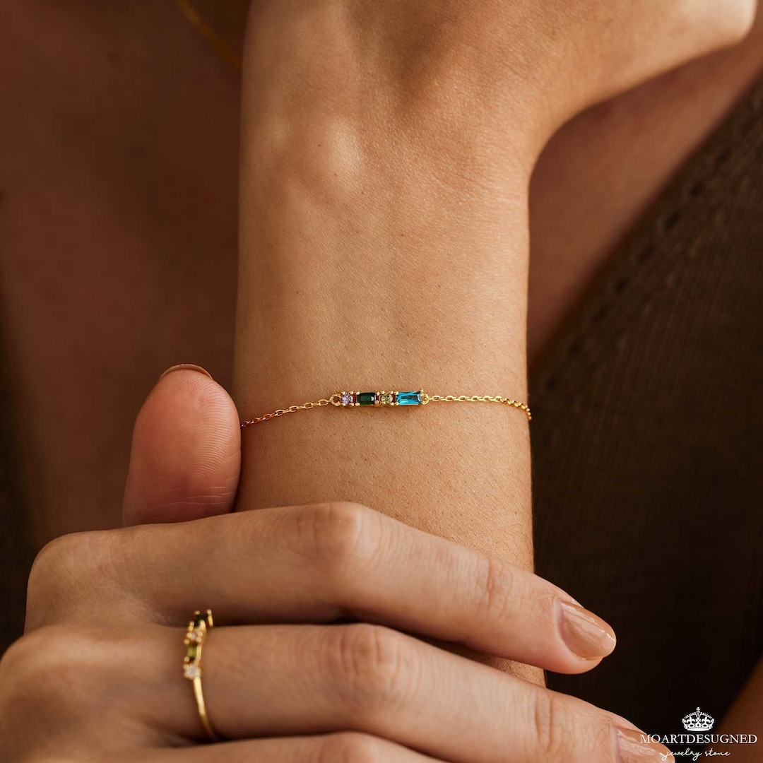 Custom Birthstone Bracelet, 18k Gold Dainty Bracelet, Minimalist ...