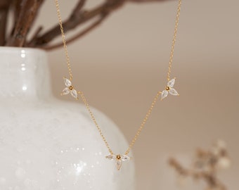 Three Flower Diamond Necklace, Marquise Flower Diamond Necklace, 14K Gold Crystal Necklace, Simple Diamond Necklace, Christmas Gift For Her