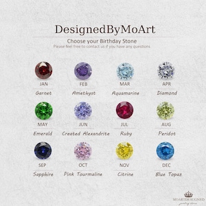 May include: Image featuring a selection of birthstones with their corresponding months. The image includes the text "DesignedByMoArt" and "Choose your Birthday Stone." Each gemstone is labeled with its name and the month it represents, such as Garnet for January and Diamond for April.