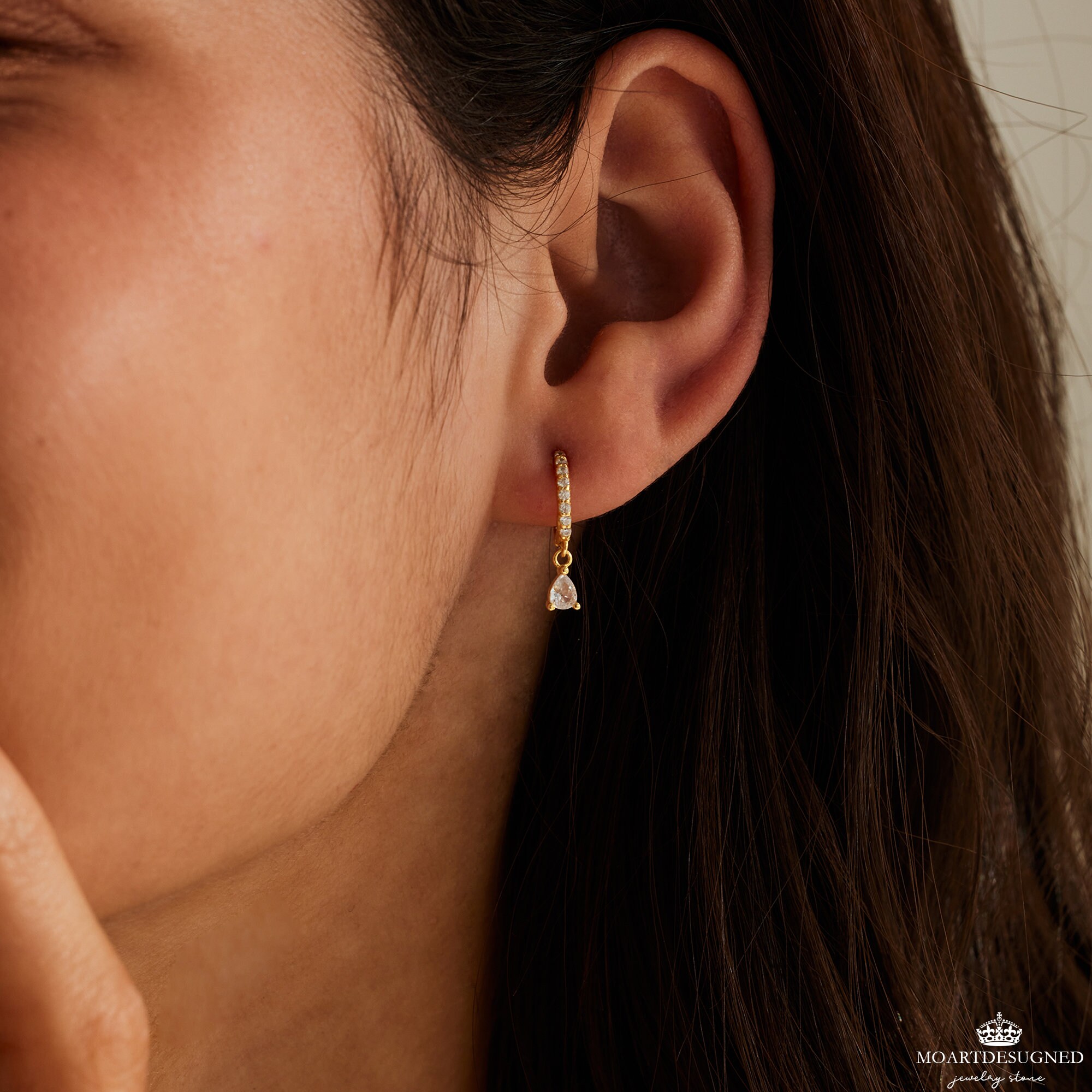 18k Gold Minimalist Diamond Drop Earrings, Sterling Silver