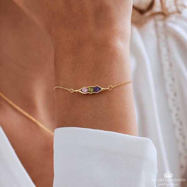 Pulsera personalizada con diseño de guisantes en una vaina y piedra natal, pulsera familiar, pulsera para la abuela, regalo de aniversario para ella, regalo del Día de la Madre para mamá.