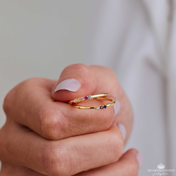 Gepersonaliseerde sierlijke geboortesteenring, familiegeboortesteenring, 18k gouden dagring, jubileumcadeau, cadeau voor moeder, Moederdagcadeau voor haar