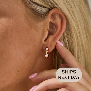 Classic Diamond Teardrop Stud Earrings, S925 Silver Dangle Earrings, Gold Crystal Earrings, Bridal Jewellery, Chrismas Gift for her