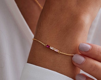 Personalised Multiple Baguette Birthstone Bracelet, 18k Gold Dainty Bracelet, Anniversary Gift, Fmaily Gift for Her,Mothers Day Gift for Mom