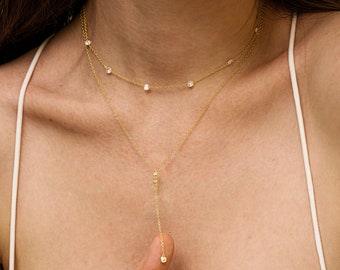 Collier superposé en or 14 carats, petit collier avec pendentif, collier double chaîne en or, collier diamants, collier diamants délicats, cadeau pour elle