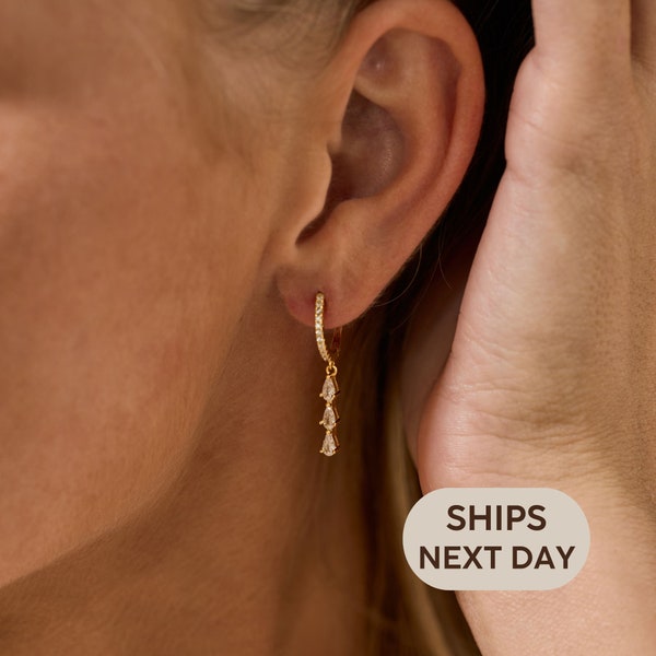 Minimalist Diamond Drop Earrings, Sterling Silver Dangle Earrings, Crystal Huggie Earrings in Gold, Everyday Wear Earrings, Gift For Her