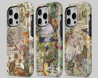 Op de afbeelding: Drie telefoonhoesjes met een collage van natuur geïnspireerde afbeeldingen. De hoesjes tonen vlinders, bloemen en bosdieren. De tekst op de hoesjes luidt "ream on little dreamer", "fairy", "Go where you feel the mood drive", "the end, we'll all become stories" en "Margaret Atwood".