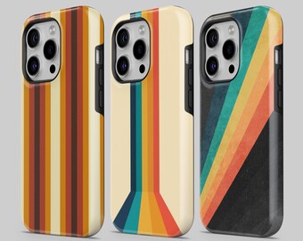 May include: Three iPhone cases with different retro-style striped designs. The cases are black, cream, and brown with colorful stripes.