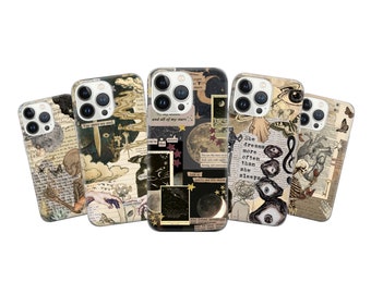 May include: Set of six phone cases with a collage aesthetic. Each case features a different design with a vintage, dark, and moody theme. The designs include celestial bodies, stars, moons, eyes, and other abstract imagery. The cases are all black and white with a touch of gold.
