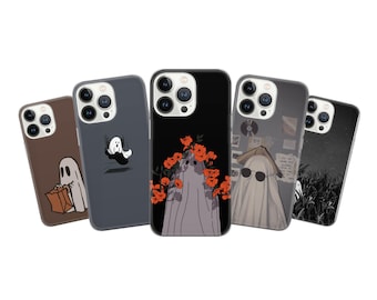 May include: Five different iPhone cases with a Halloween theme. The cases feature ghosts, flowers, and a record player. The cases are all black and white with colorful accents.