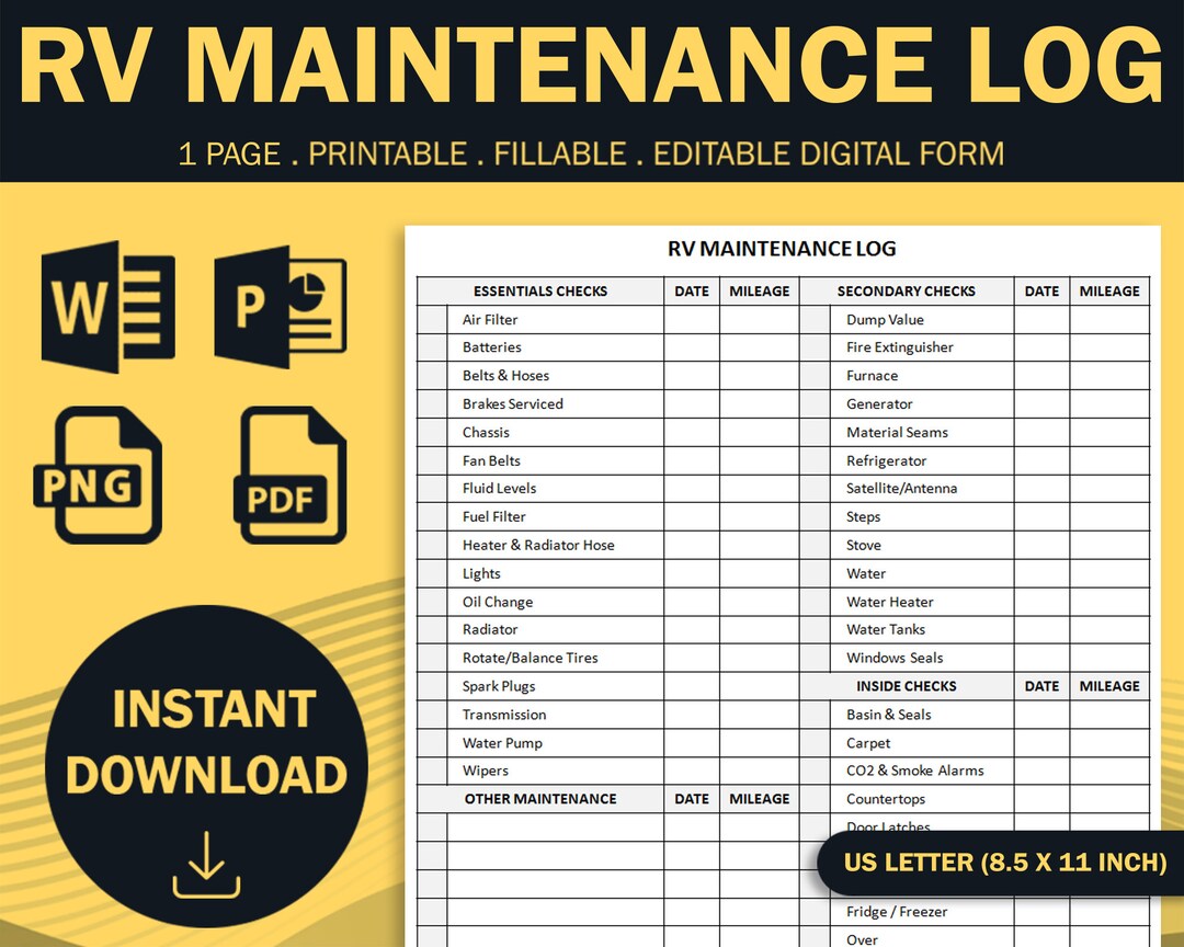 Printable RV Maintenance Log Motorhome Care Tracker Camper Etsy