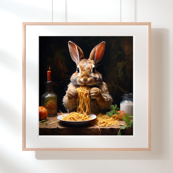 Funny Bunny Eat Pasta,spaghetti:Adorable Bunny Prints,Pasta Maker,EasterWall Art for Instant Download,Spring Rabbit Paintings for Home Decor