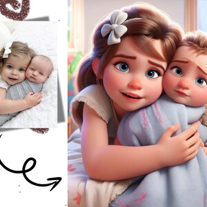 Ritratto di bambino in 3D personalizzato, adorabile arte digitale in stile Pixar, illustrazione di famiglia ispirata a Disney, opera d'arte personalizzata di principe e castello