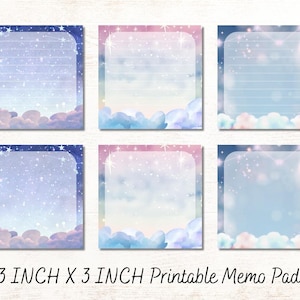Printable Starry Clouds Memo Pad, 3inch x 3inch, Stationery Set, Note pad
