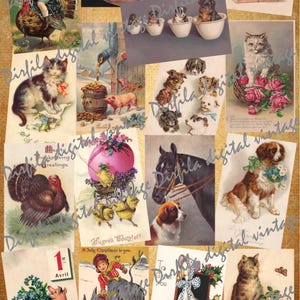Conjunto de 48 cartões postais vintage de animais e pássaros - Downloads digitais de alta qualidade para scrapbooking e scrapbooking