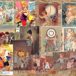 May include: A collage of vintage-style illustrations featuring children and various scenes. The images include children with animals, reading, and playing. The color palette is soft, with pastel hues and a nostalgic feel. Some images have text.