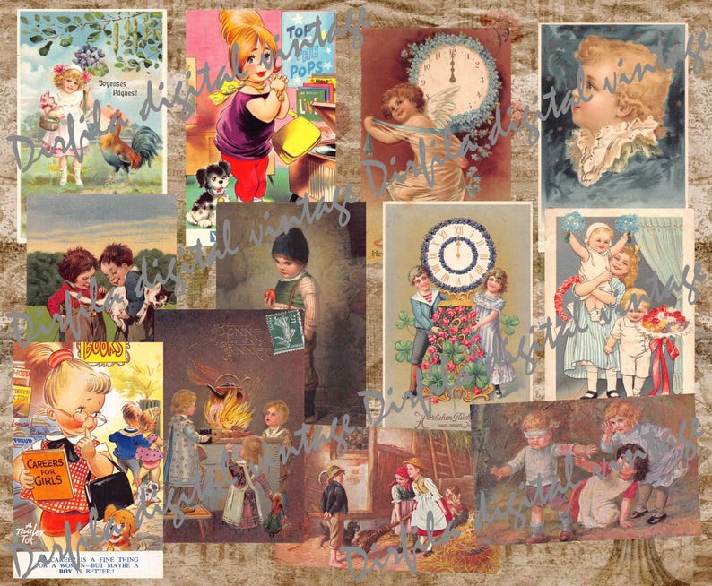 May include: A collage of vintage-style illustrations featuring children and various scenes. The images include children with animals, reading, and playing. The color palette is soft, with pastel hues and a nostalgic feel. Some images have text.