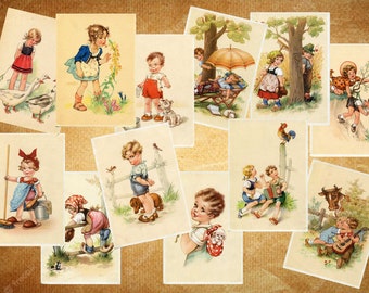 Postcard children digital download, printed vintage postcards 1920-1930, ephemera for junk magazine and scrapbook