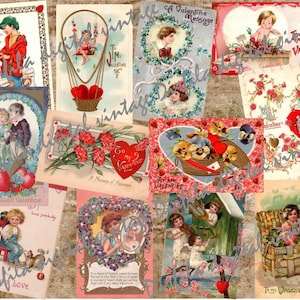 36 cartes vintage pour la Saint-Valentin. Carte postale numérique, téléchargements numériques de haute qualité, éphémères pour magazines et scrapbooking